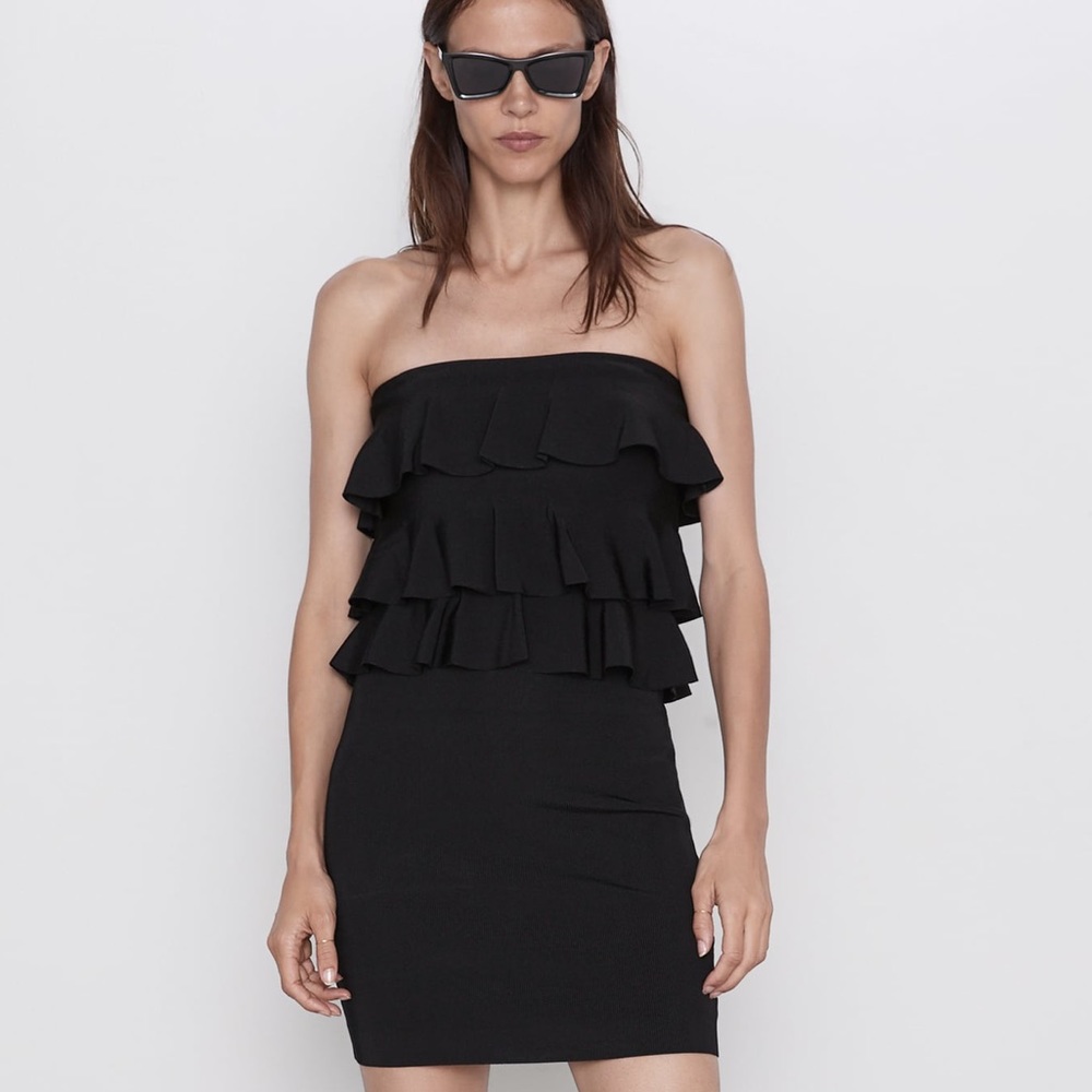 Zara KNIT STRAPLESS DRESS WITH RUFFLES Bodycon Bandage BLACK COLOR NEW.